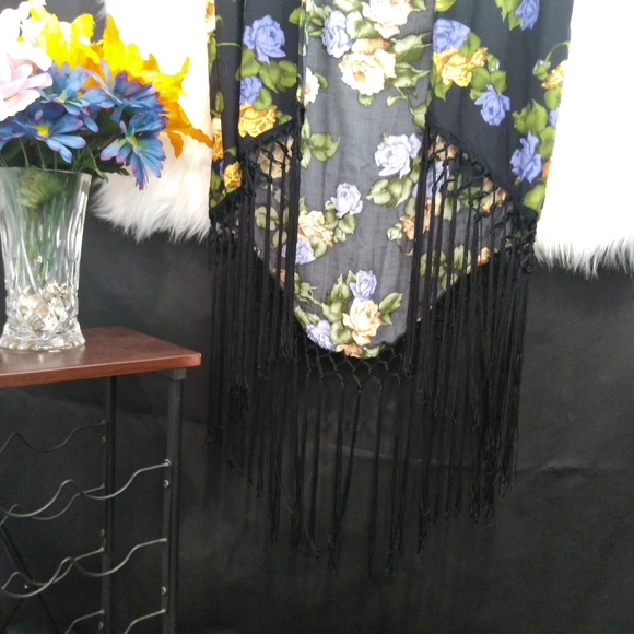 Asos Black Multi Color Floral Open Short Sleeve Fringed Robe Cover Up Size 8 - Picture 9 of 11